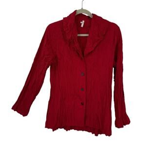 LINDI Crinkle Button Up Topper Tunic Size Small Puff collar Artsy Solid Red